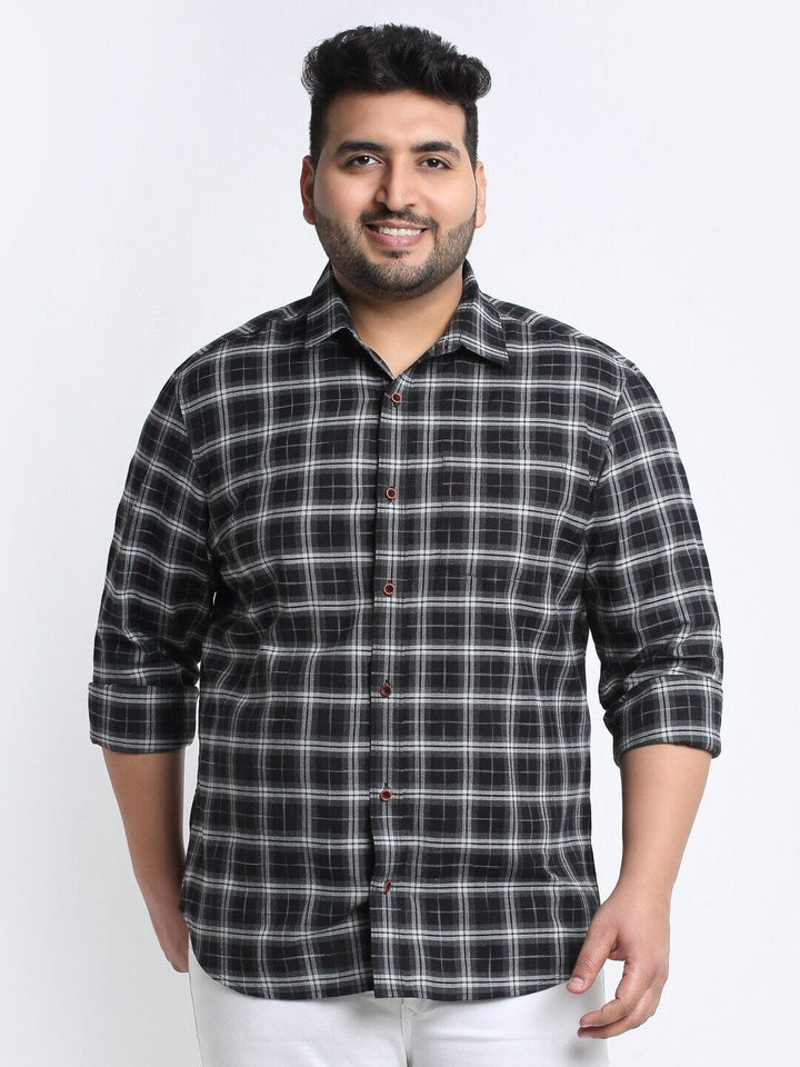 Plus Size Men Black Tartan Checked Cotton Casual Shirt