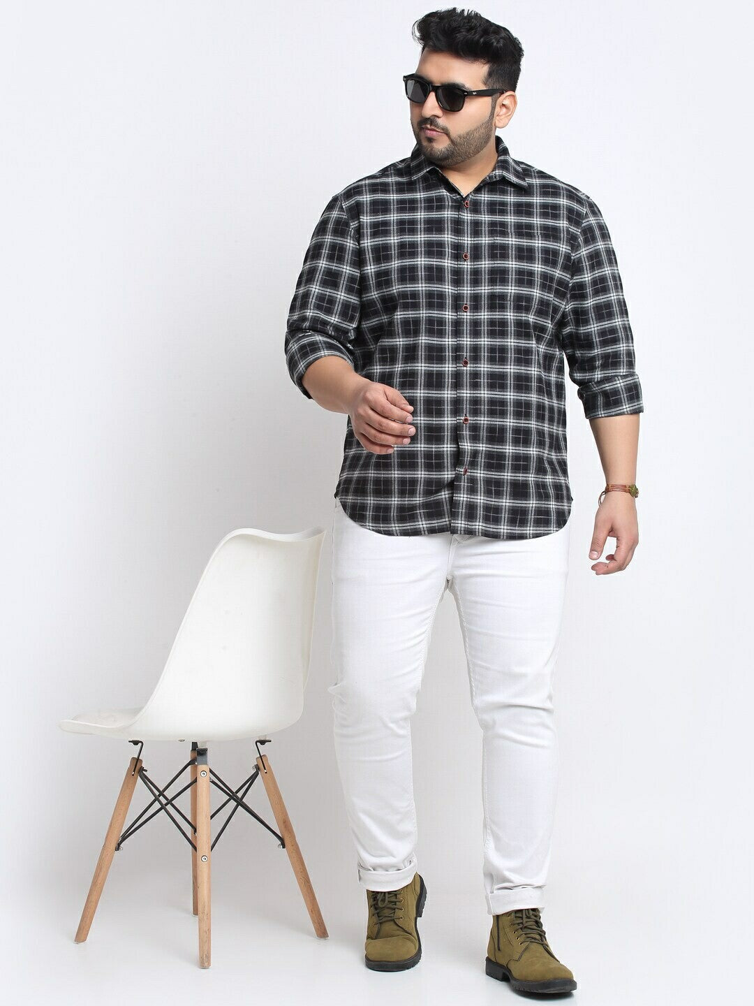Plus Size Men Black Tartan Checked Cotton Casual Shirt