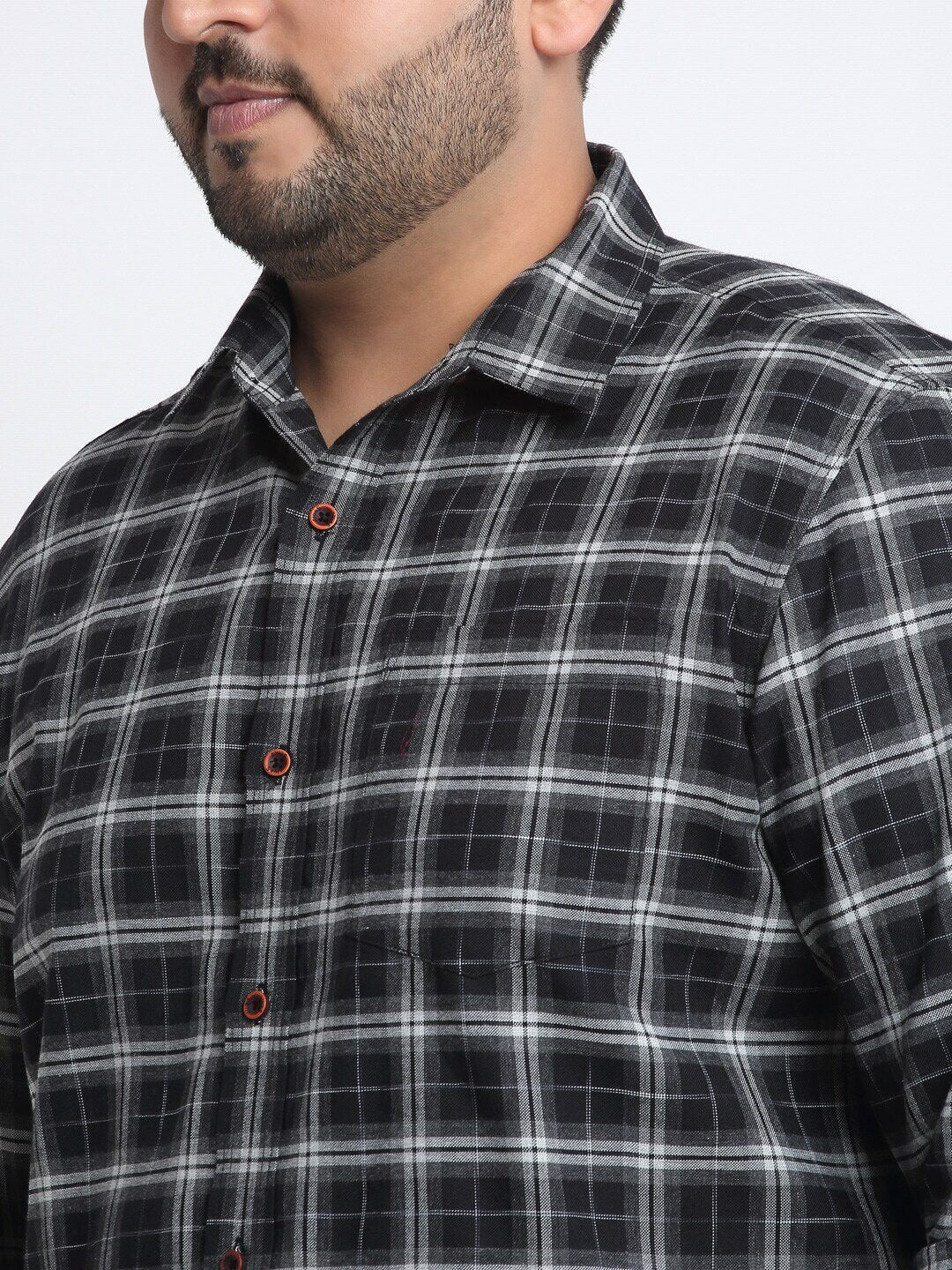 Plus Size Men Black Tartan Checked Cotton Casual Shirt