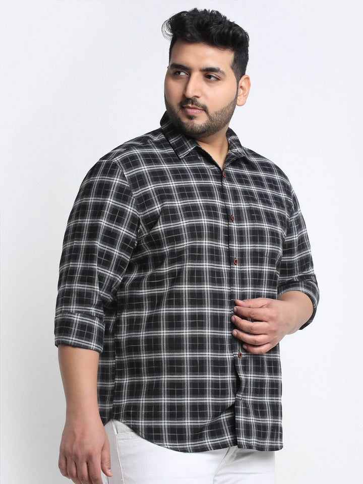 Plus Size Men Black Tartan Checked Cotton Casual Shirt