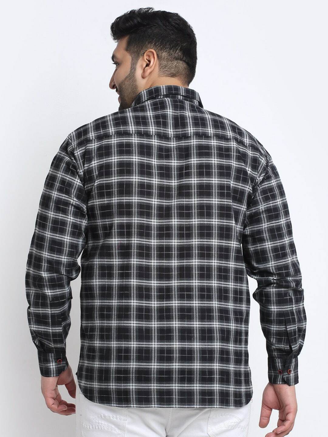 Plus Size Men Black Tartan Checked Cotton Casual Shirt