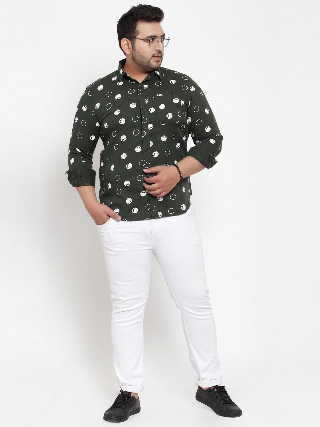 Plus Size Men Olive Green  White Regular Fit Printed Casual Shirt