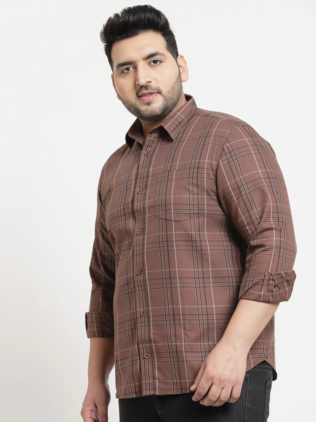 Plus Size Men Brown Tartan Checks Checked Cotton Casual Shirt