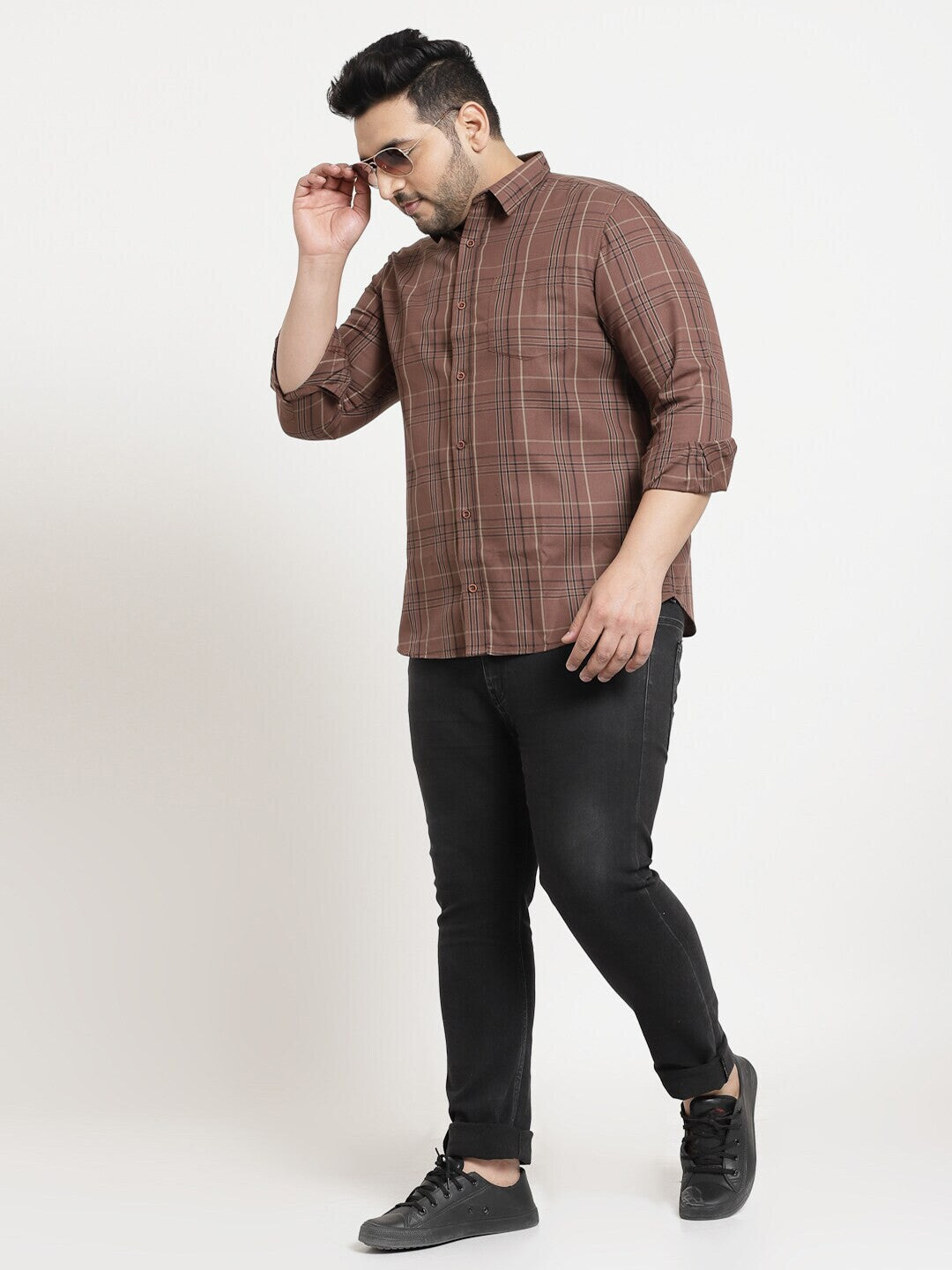 Plus Size Men Brown Tartan Checks Checked Cotton Casual Shirt