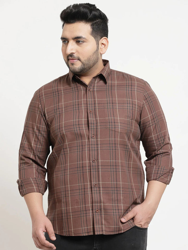 Plus Size Men Brown Tartan Checks Checked Cotton Casual Shirt