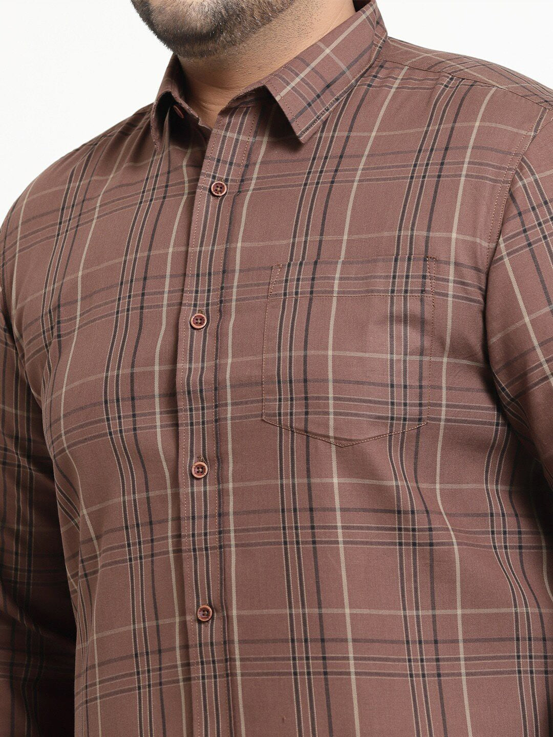 Plus Size Men Brown Tartan Checks Checked Cotton Casual Shirt