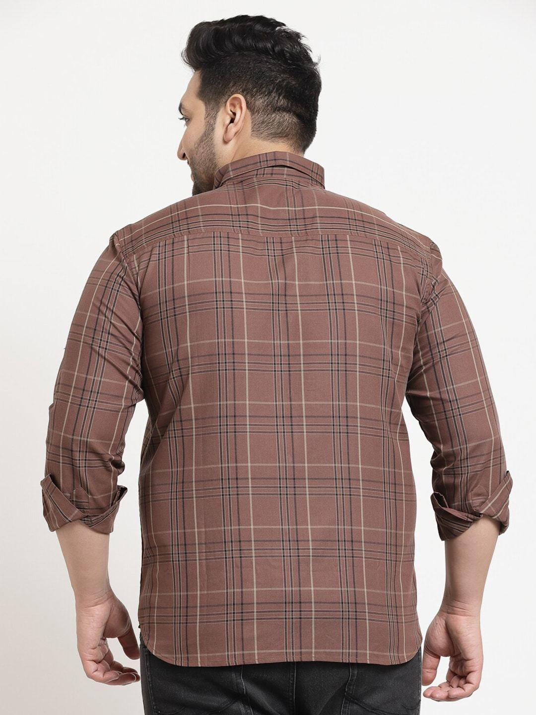 Plus Size Men Brown Tartan Checks Checked Cotton Casual Shirt