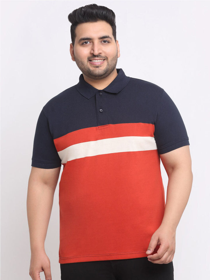 Plus Size  Rust Striped Polo Collar Cotton T-shirt