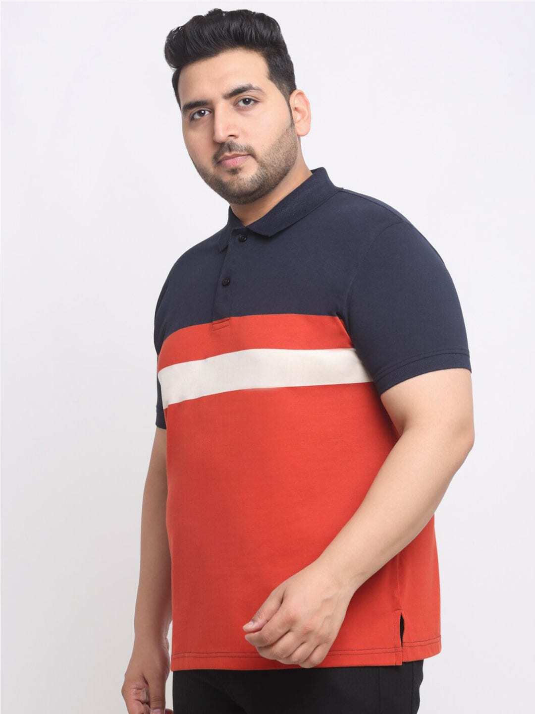 Plus Size  Rust Striped Polo Collar Cotton T-shirt