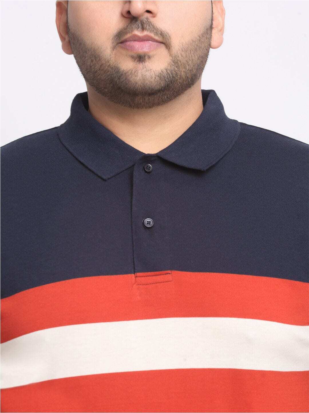 Plus Size  Rust Striped Polo Collar Cotton T-shirt