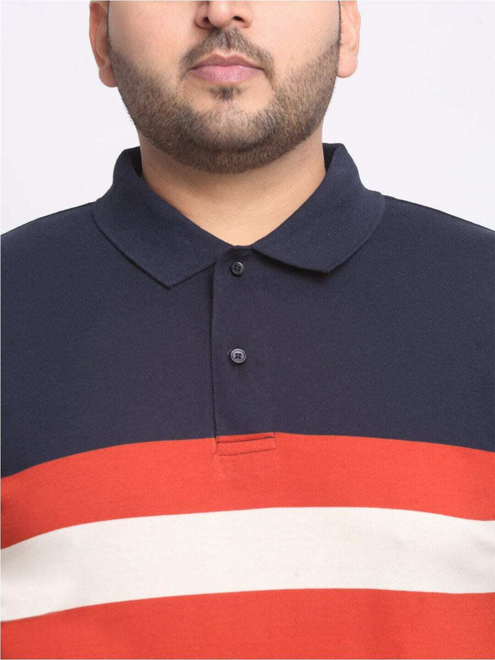 Plus Size  Rust Striped Polo Collar Cotton T-shirt